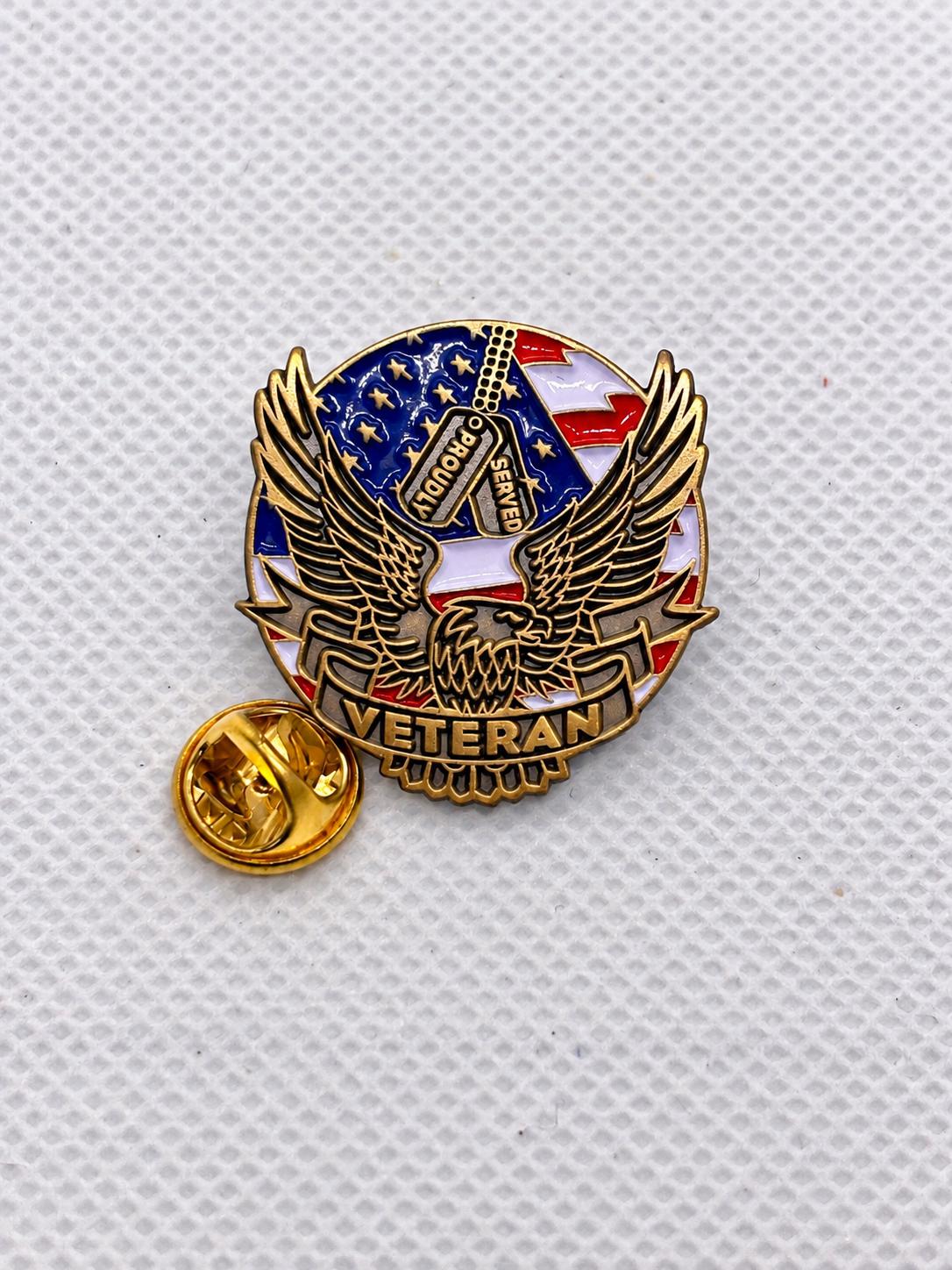 Proudly Served Veteran Eagle and Flag Enamel Pin