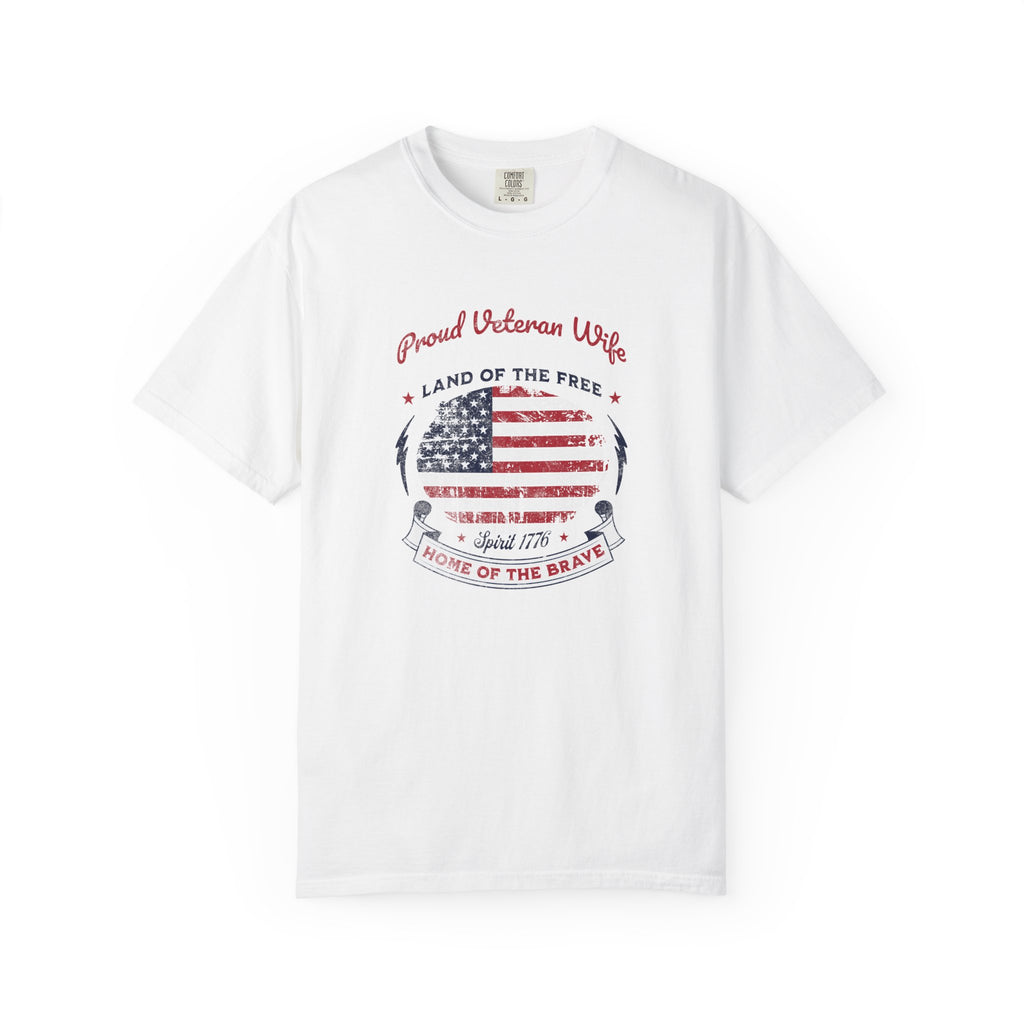 Proud Veteran Wife shirt in White with vintage American flag, Land of the Free and Home of the Brave design