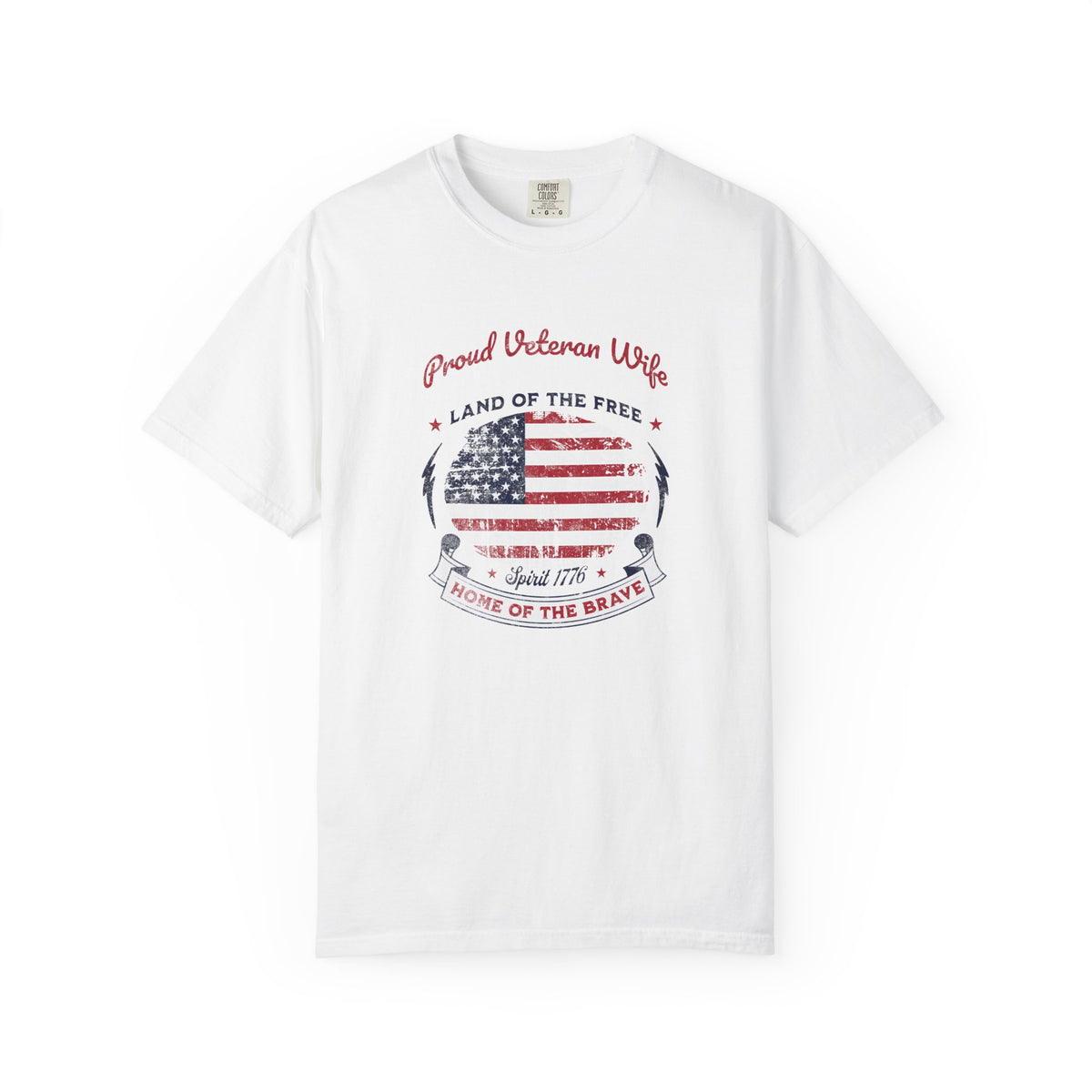 Proud Veteran Wife shirt in White with vintage American flag, Land of the Free and Home of the Brave design