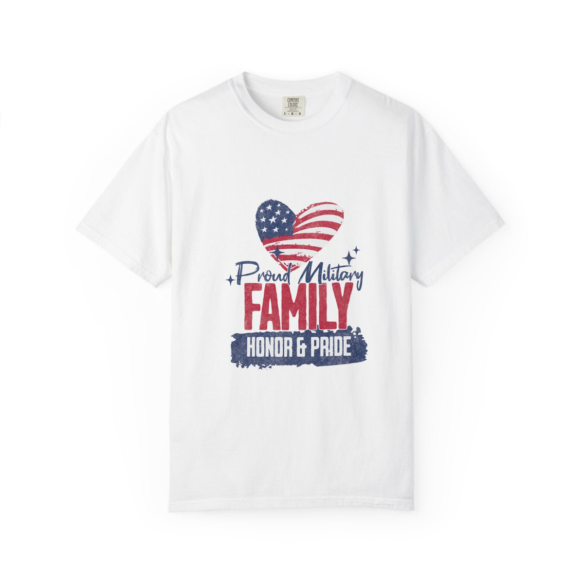 Proud Military Family shirt in White with American flag heart and HONOR & PRIDE banner