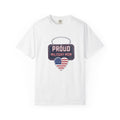 Proud Military Mom shirt in White with dog tag style sign and American flag heart