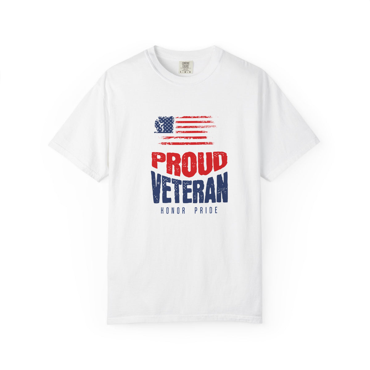 Proud Veteran shirt in White with distressed American flag and PROUD VETERAN HONOR PRIDE design