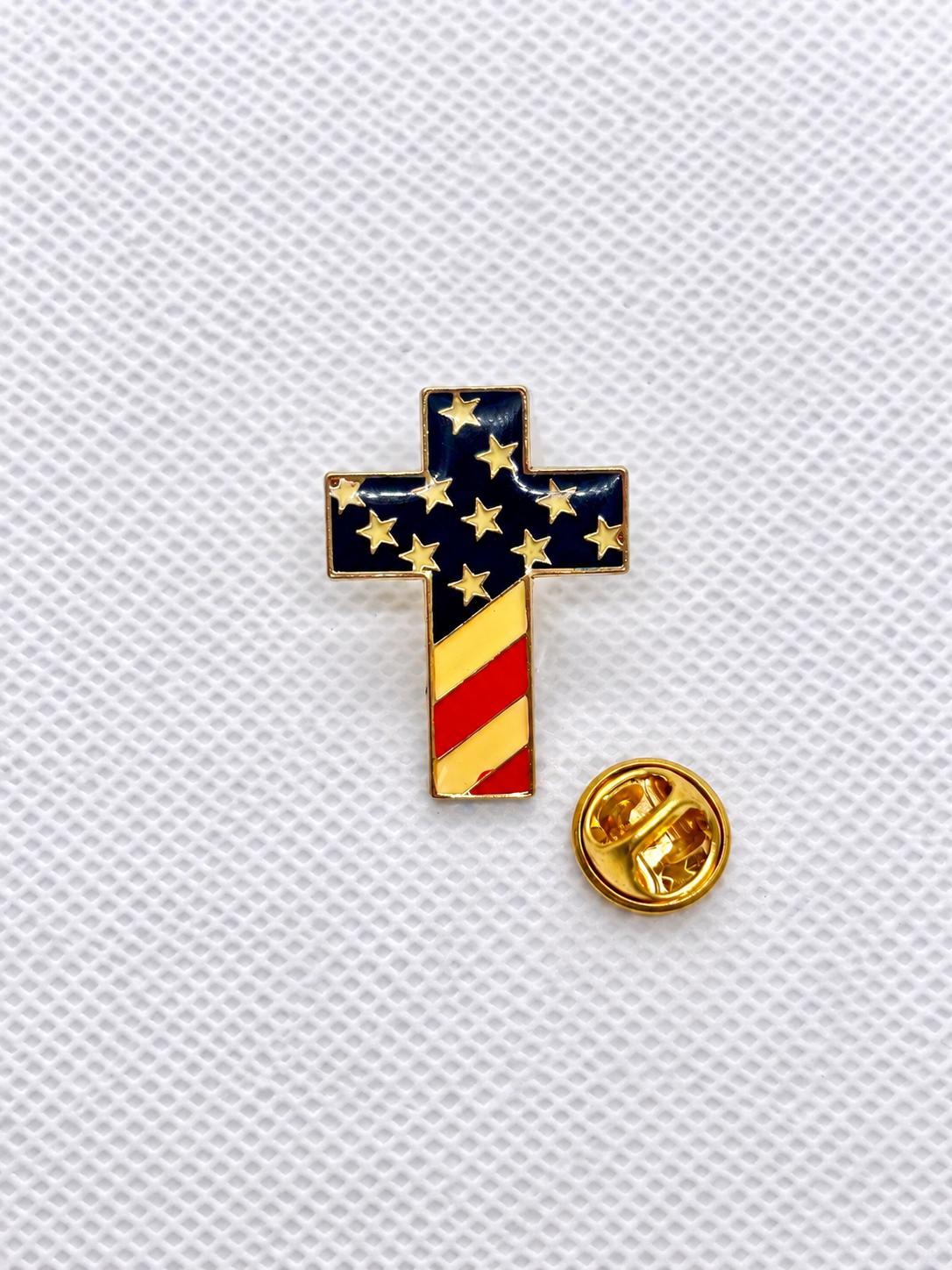 American Flag Cross Enamel Pin, Faith and Freedom Lapel Pin