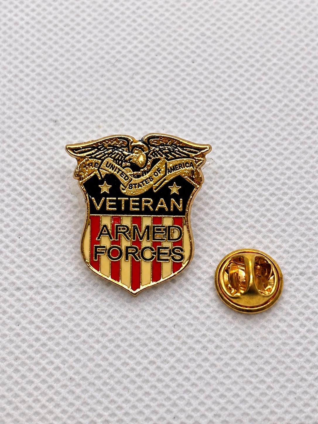 Veteran Eagle and Shield Enamel Pin, Red, Black and Gold