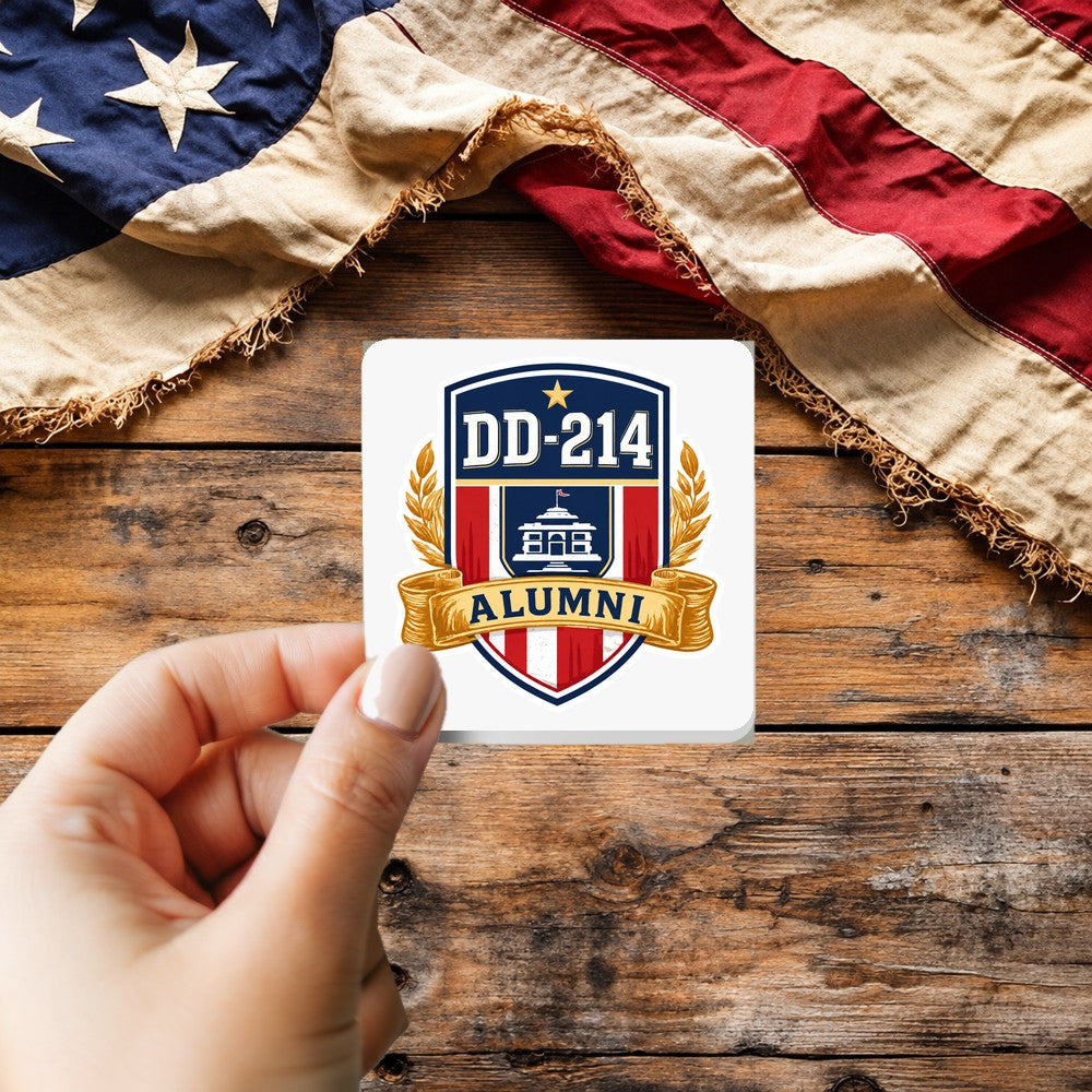 DD-214 Alumni Patch Style sticker held over a vintage American flag on rustic wood, Veterans Day gift