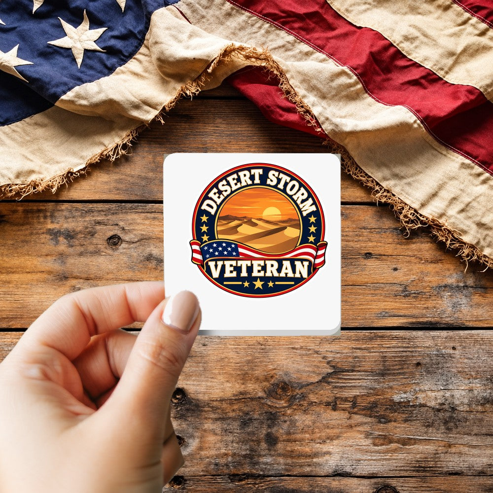 Desert Storm Veteran sticker held over a vintage American flag on rustic wood, Veterans Day gift