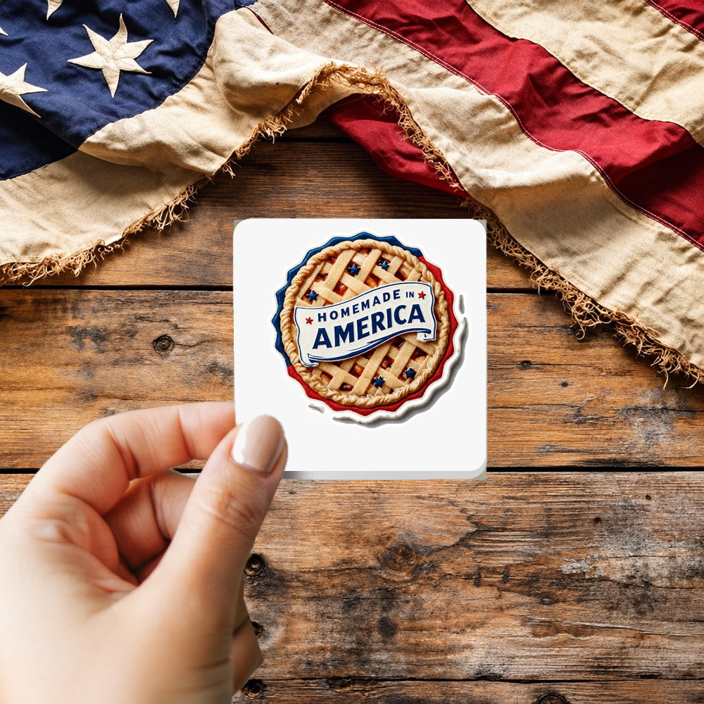 Homemade in America sticker held over a vintage American flag on rustic wood, patriotic Thanksgiving gift