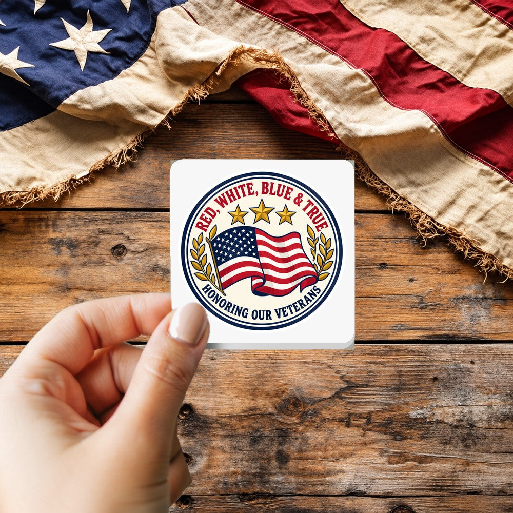 Honoring Our Veterans sticker held over a vintage American flag on rustic wood, Veterans Day gift