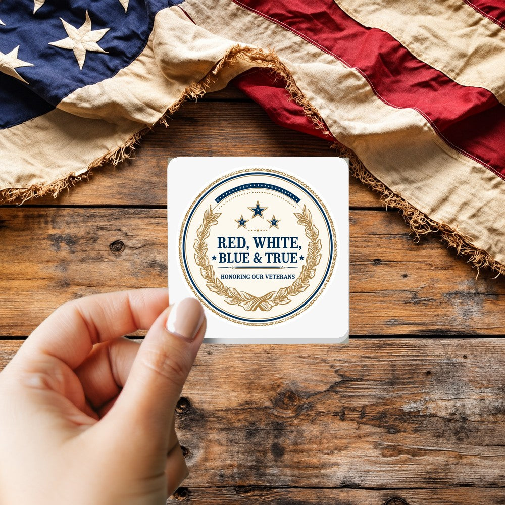 Honoring Our Veterans Vintage Seal sticker held over a vintage American flag on rustic wood, Veterans Day gift