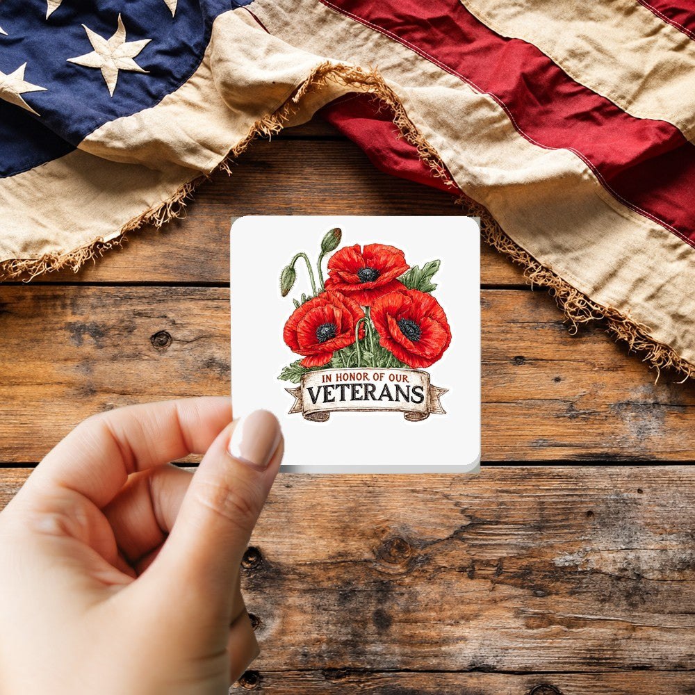 In Honor of Our Veterans Watercolor sticker held over a vintage American flag on rustic wood, Veterans Day gift