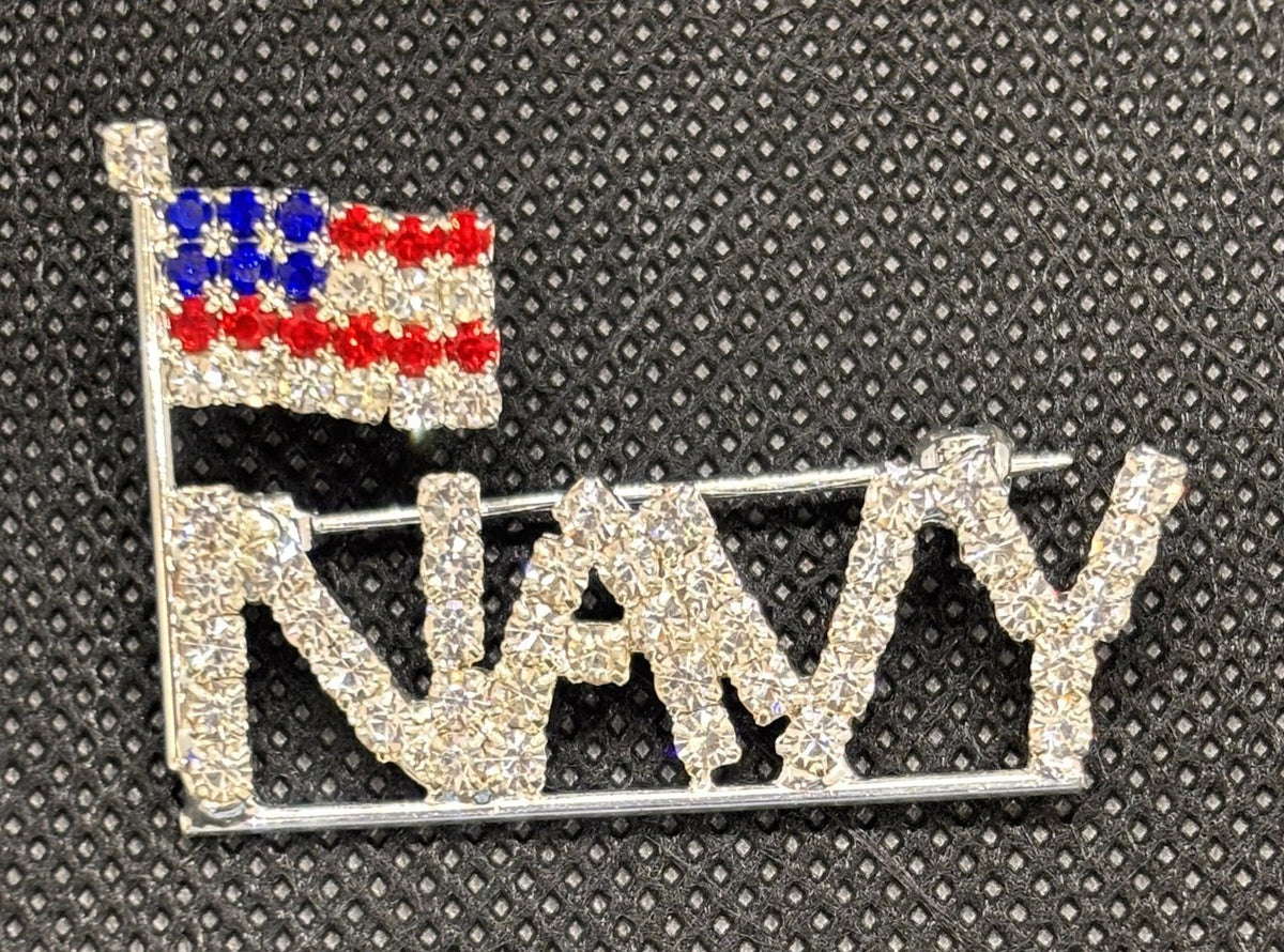 Rhinestone NAVY Letter Brooch with Mini American Flag