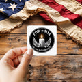 POW MIA You Are Not Forgotten Patch Style sticker held over a vintage American flag on rustic wood, Veterans Day gift
