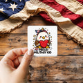 Proud Military Kid Doodle Style sticker held over a vintage American flag on rustic wood, Veterans Day gift