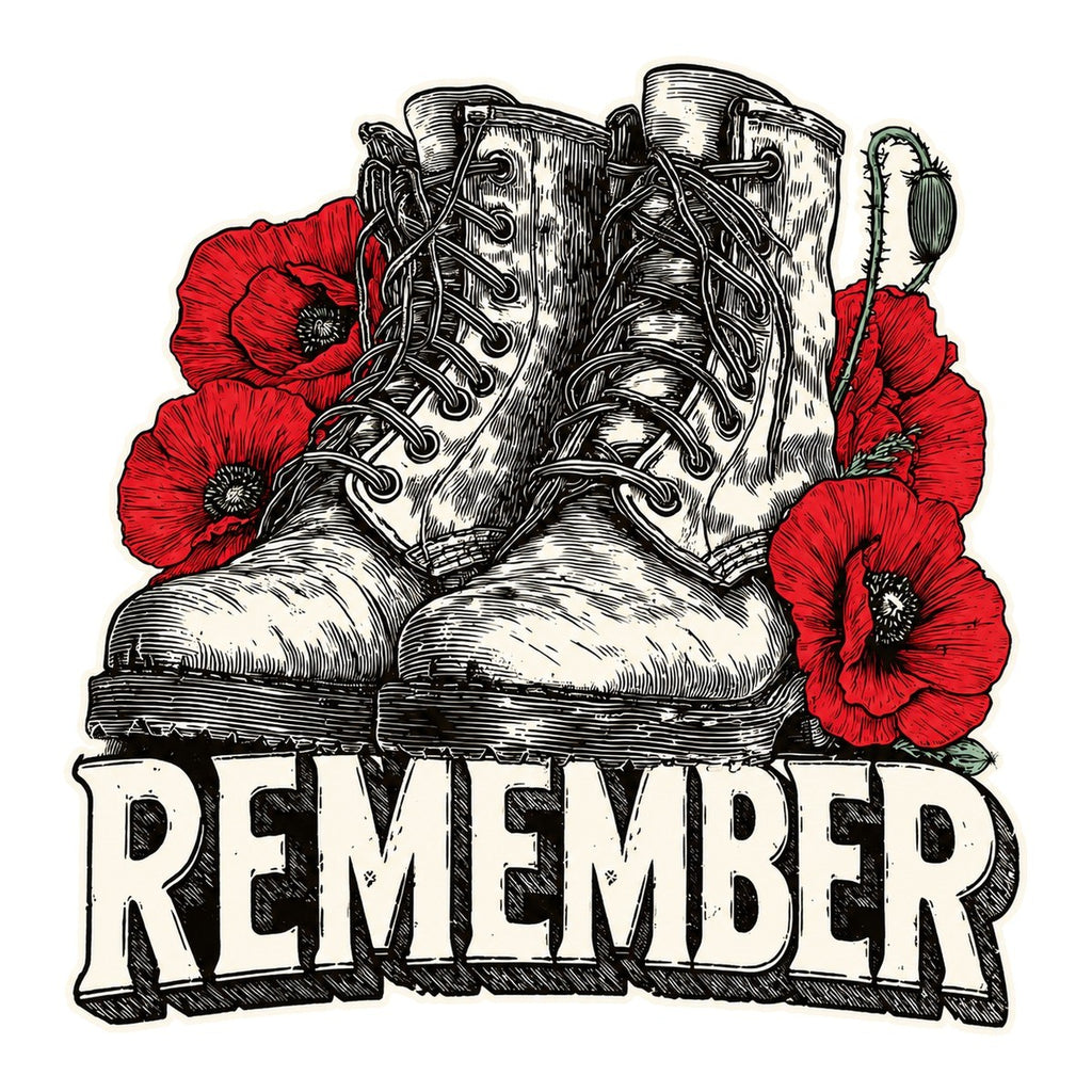 Remember Combat Boots Woodcut 3x3 waterproof vinyl Veterans Day sticker design