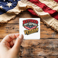 Retired Not Expired Veteran sticker held over a vintage American flag on rustic wood, Veterans Day gift
