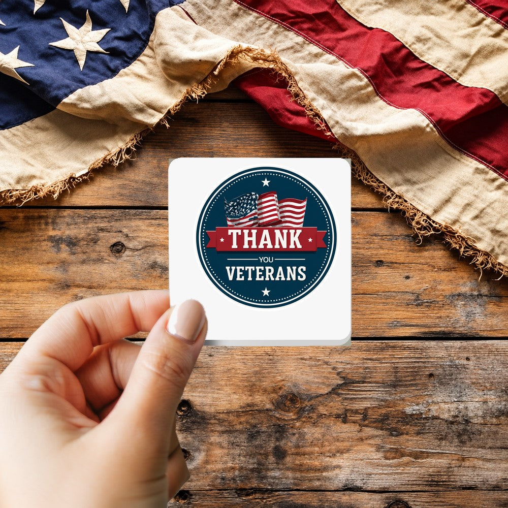 Thank You Veterans sticker held over a vintage American flag on rustic wood, Veterans Day gift