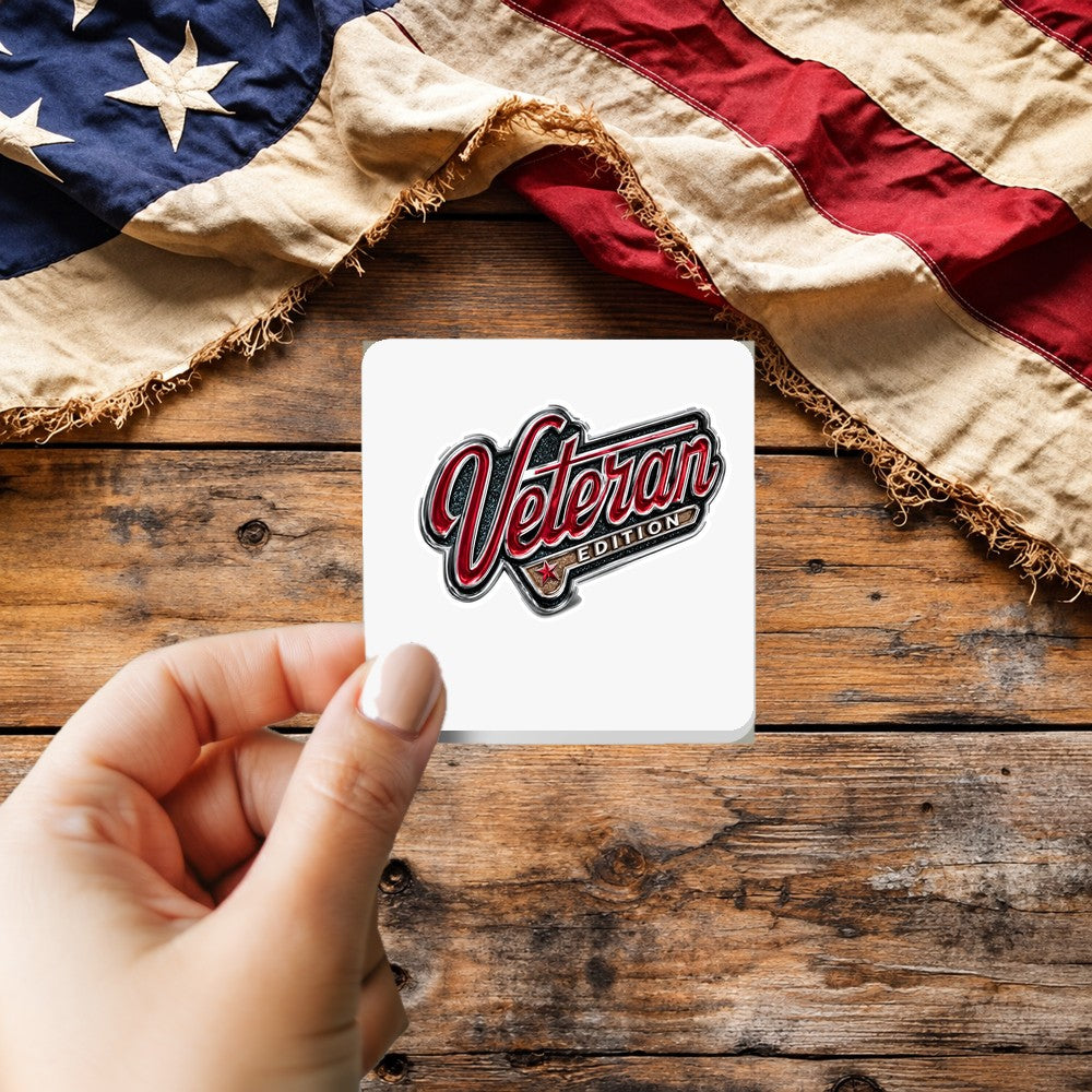 Veteran Edition sticker held over a vintage American flag on rustic wood, Veterans Day gift