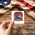 Veteran Grandpa Like a Regular Grandpa But Cooler sticker held over a vintage American flag on rustic wood, Veterans Day gift