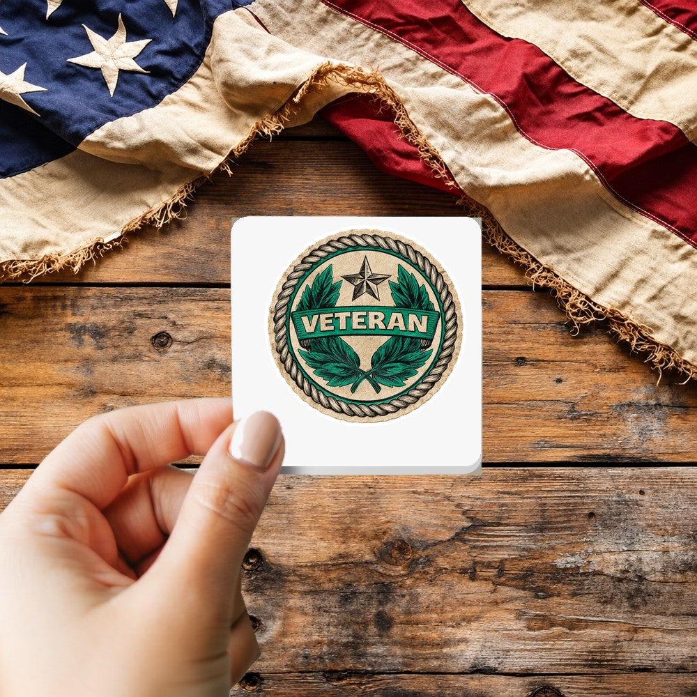 Veteran Merit Badge Style sticker held over a vintage American flag on rustic wood, Veterans Day gift