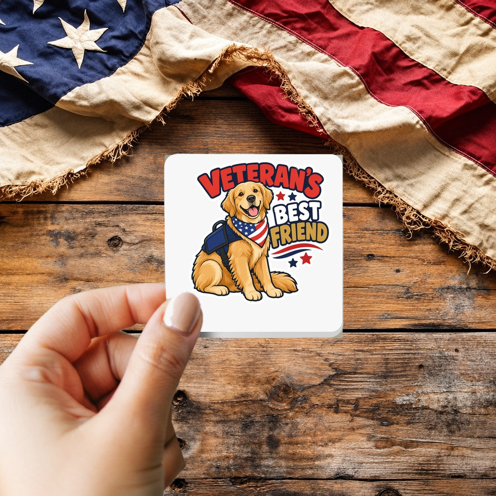 Veteran's Best Friend sticker held over a vintage American flag on rustic wood, Veterans Day gift