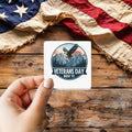 Veterans Day Travel Poster sticker held over a vintage American flag on rustic wood, Veterans Day gift