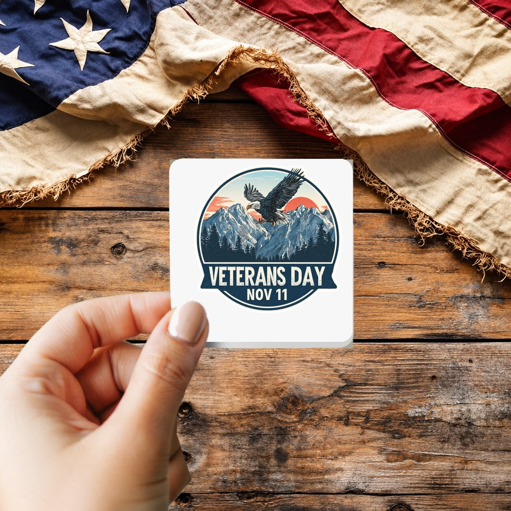 Veterans Day Travel Poster sticker held over a vintage American flag on rustic wood, Veterans Day gift